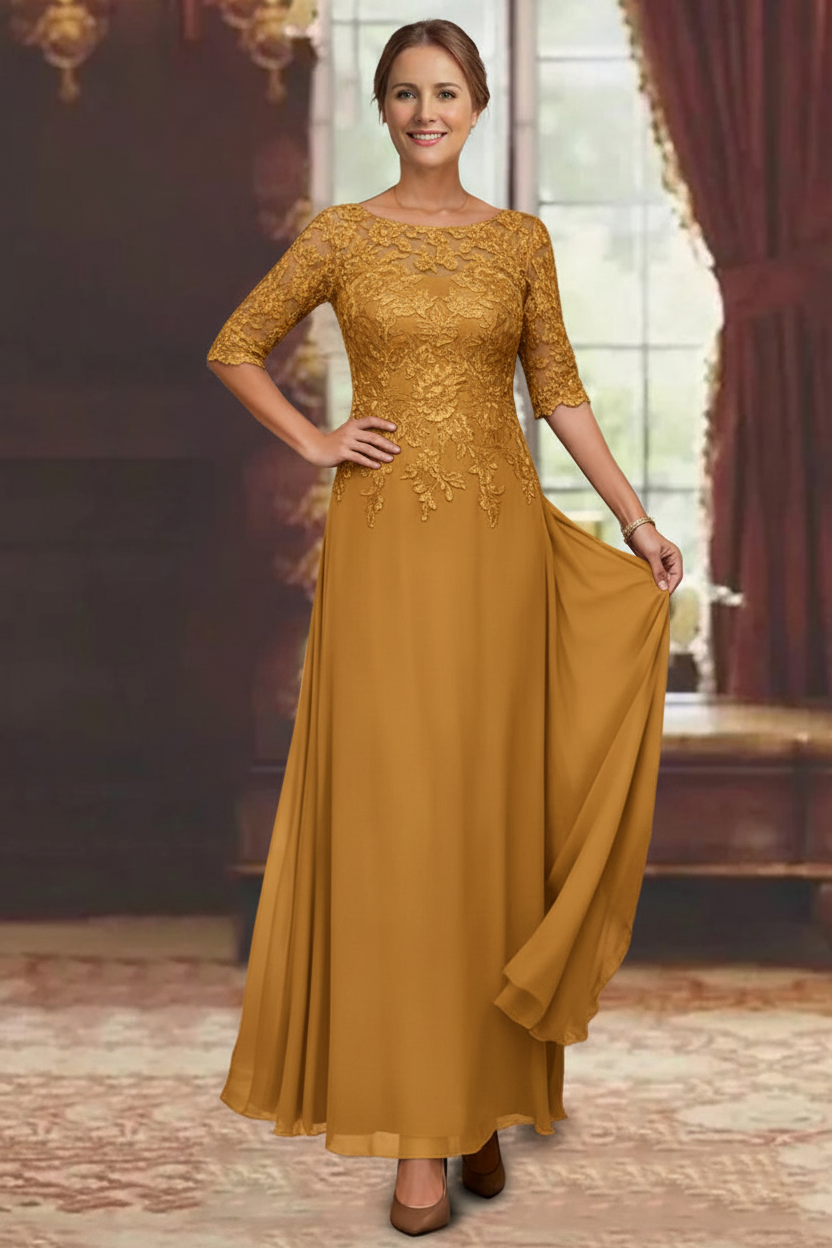 A-Line/Princess Chiffon Scoop Half Sleeves Mother of the Bride Dresses Lace Ankle-Length
