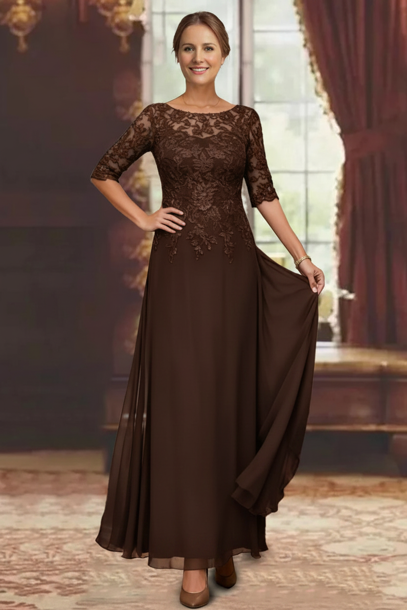 A-Line/Princess Chiffon Scoop Half Sleeves Mother of the Bride Dresses Lace Ankle-Length