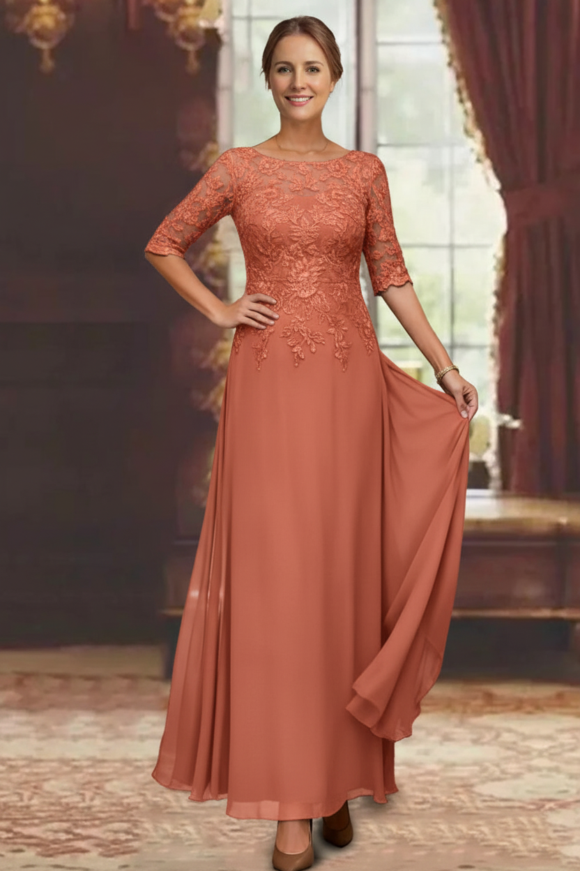 A-Line/Princess Chiffon Scoop Half Sleeves Mother of the Bride Dresses Lace Ankle-Length