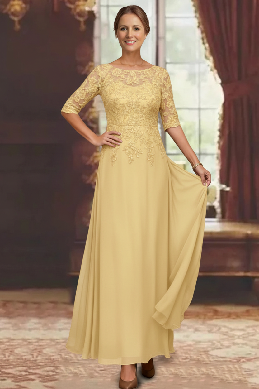 A-Line/Princess Chiffon Scoop Half Sleeves Mother of the Bride Dresses Lace Ankle-Length