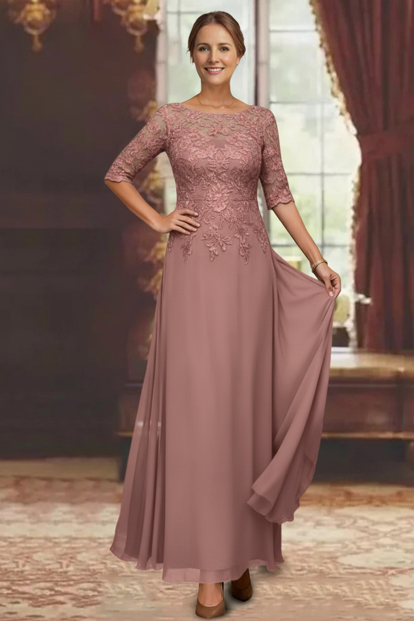 A-Line/Princess Chiffon Scoop Half Sleeves Mother of the Bride Dresses Lace Ankle-Length