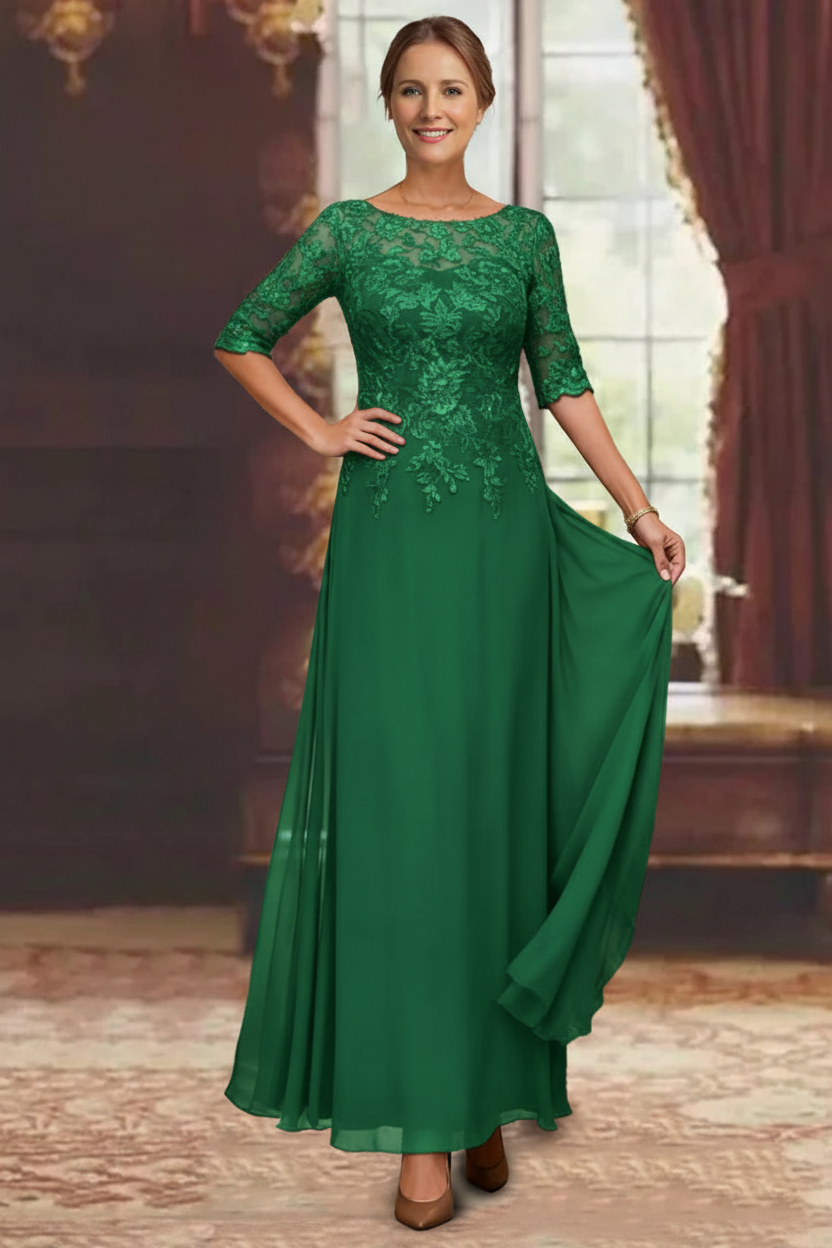 A-Line/Princess Chiffon Scoop Half Sleeves Mother of the Bride Dresses Lace Ankle-Length