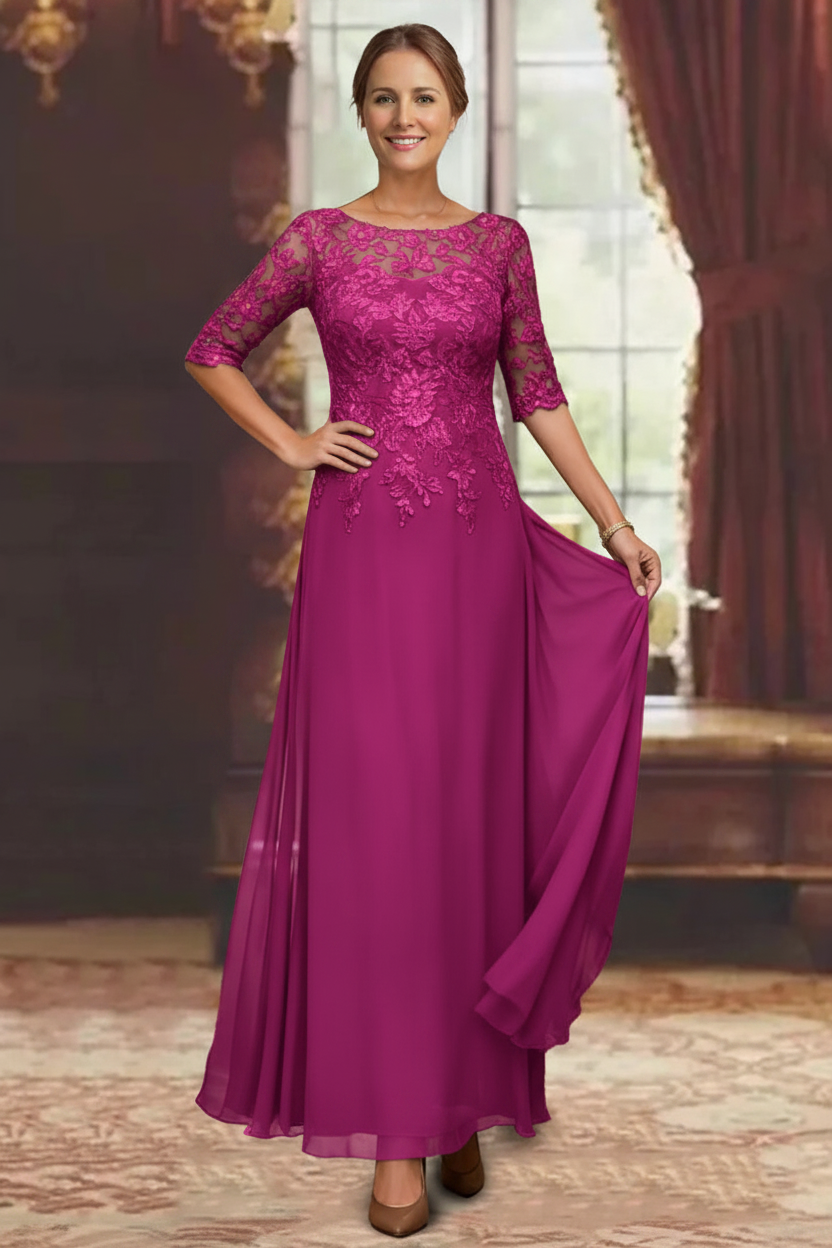 A-Line/Princess Chiffon Scoop Half Sleeves Mother of the Bride Dresses Lace Ankle-Length