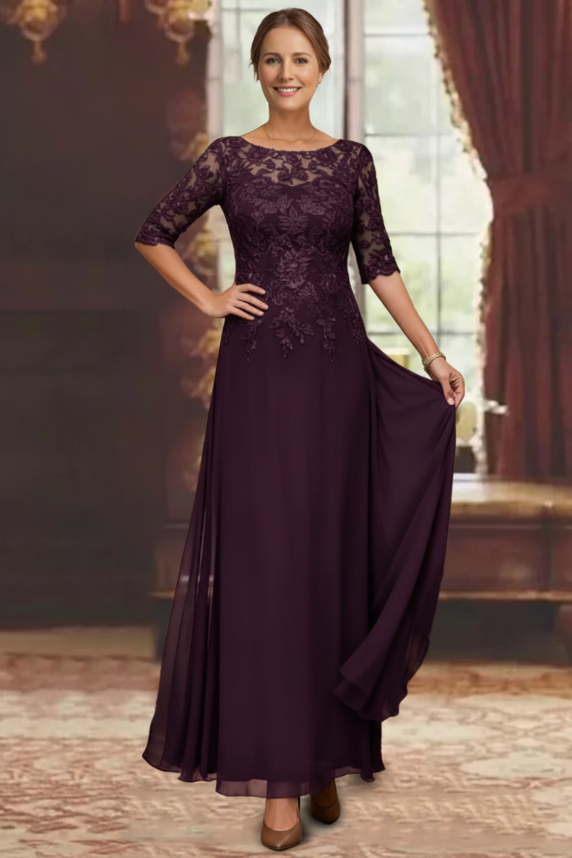 A-Line/Princess Chiffon Scoop Half Sleeves Mother of the Bride Dresses Lace Ankle-Length