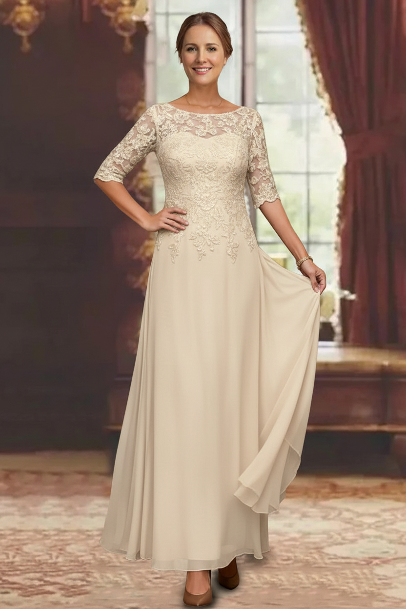 A-Line/Princess Chiffon Scoop Half Sleeves Mother of the Bride Dresses Lace Ankle-Length