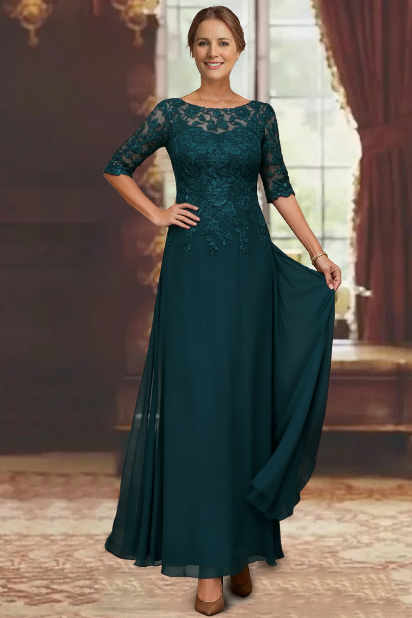 A-Line/Princess Chiffon Scoop Half Sleeves Mother of the Bride Dresses Lace Ankle-Length
