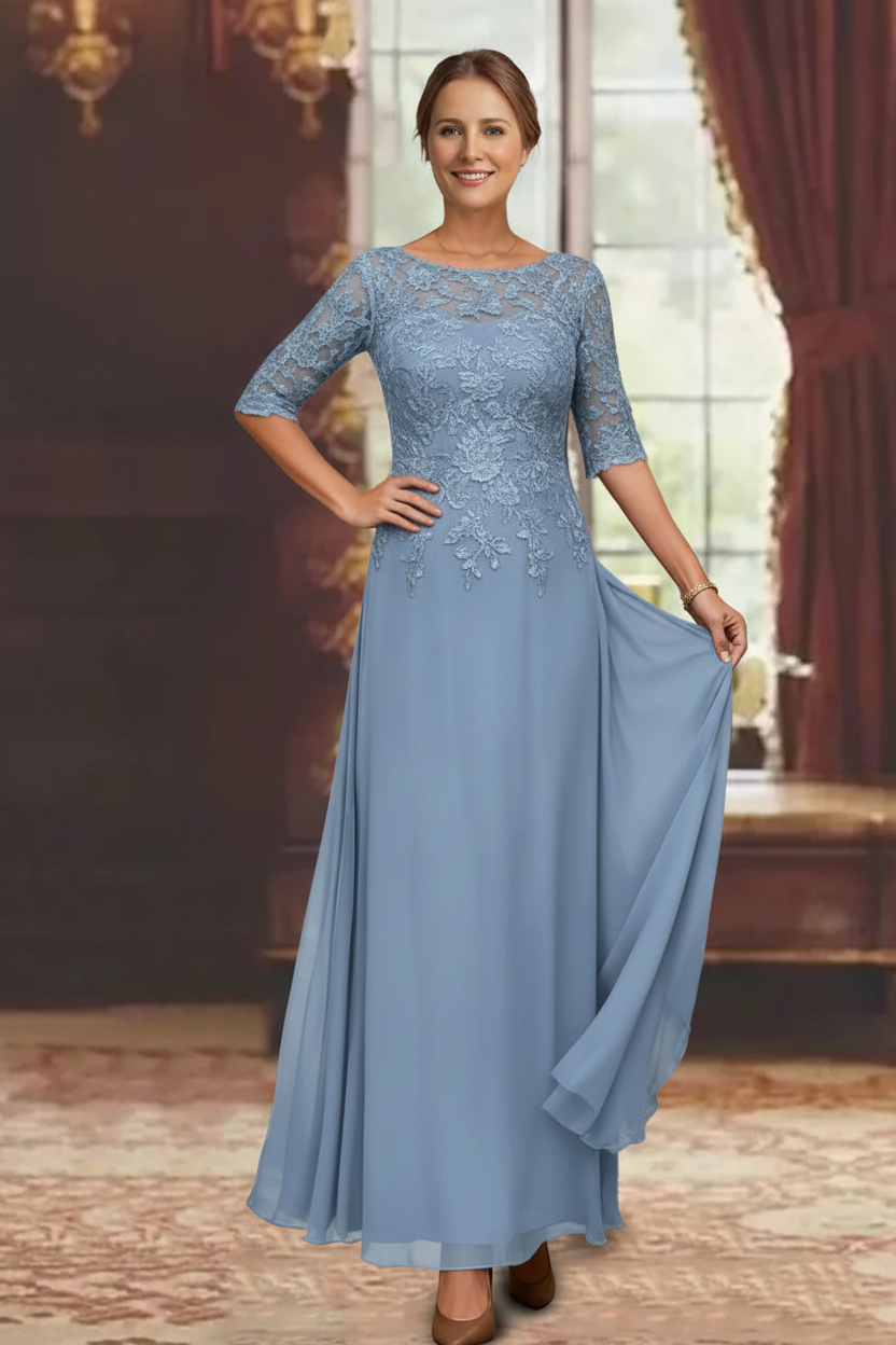 A-Line/Princess Chiffon Scoop Half Sleeves Mother of the Bride Dresses Lace Ankle-Length