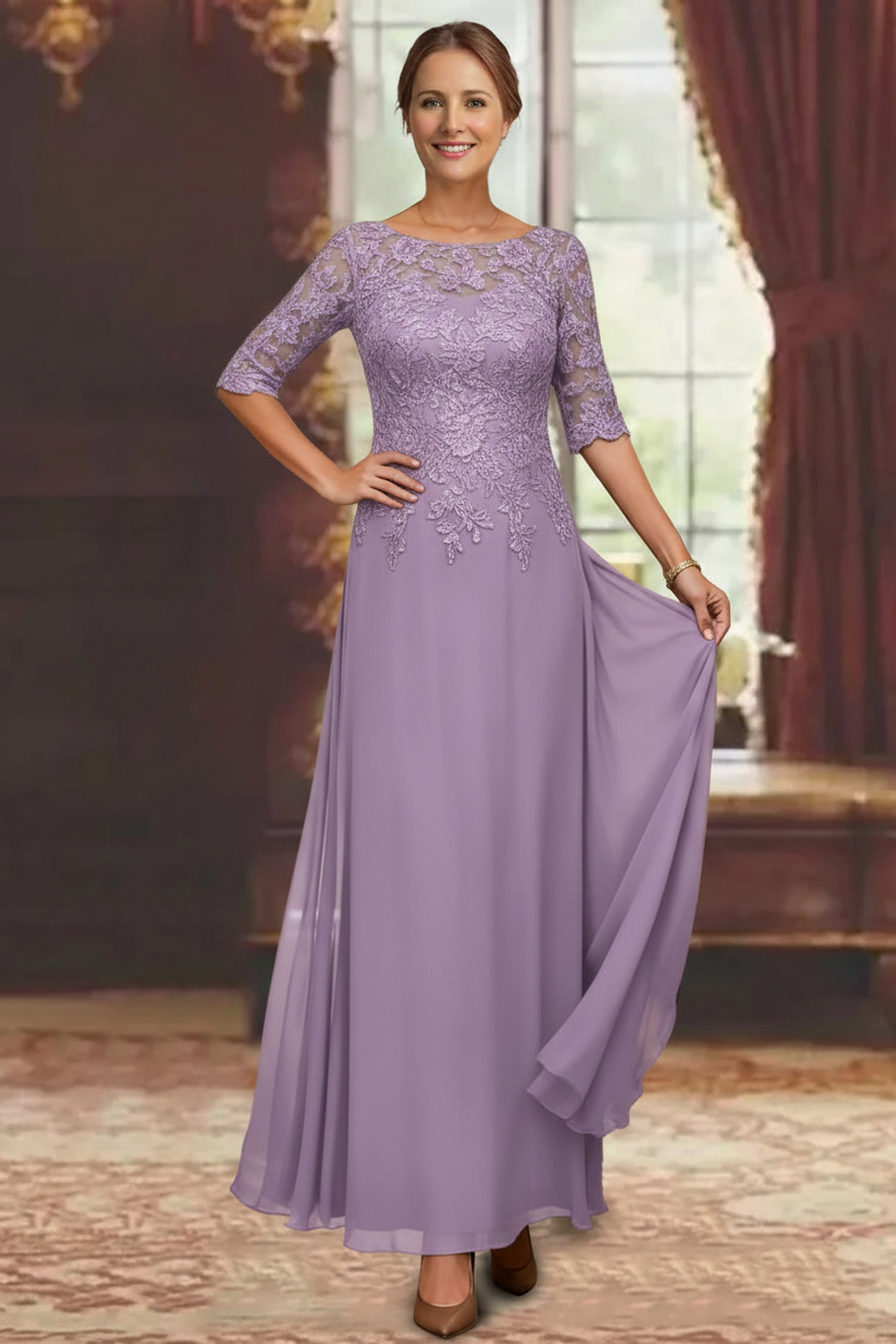 A-Line/Princess Chiffon Scoop Half Sleeves Mother of the Bride Dresses Lace Ankle-Length