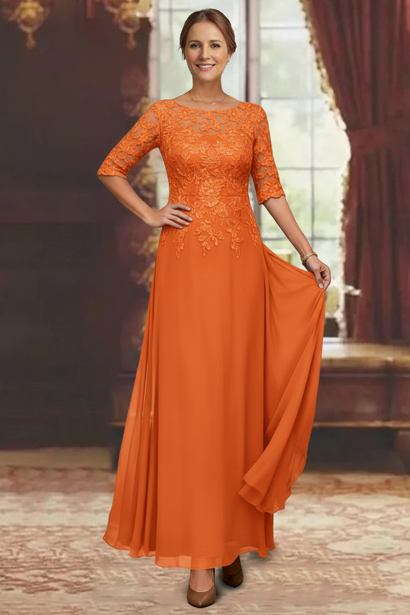 A-Line/Princess Chiffon Scoop Half Sleeves Mother of the Bride Dresses Lace Ankle-Length