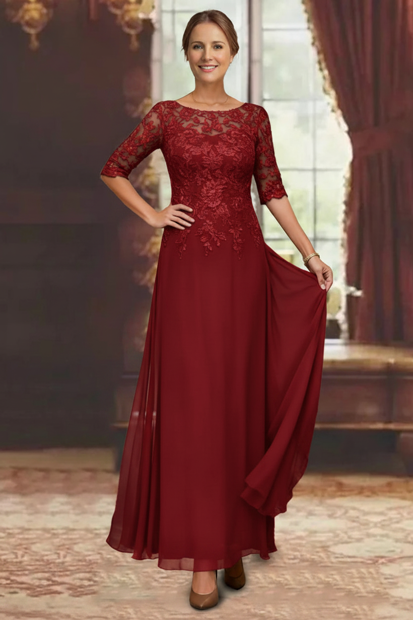 A-Line/Princess Chiffon Scoop Half Sleeves Mother of the Bride Dresses Lace Ankle-Length