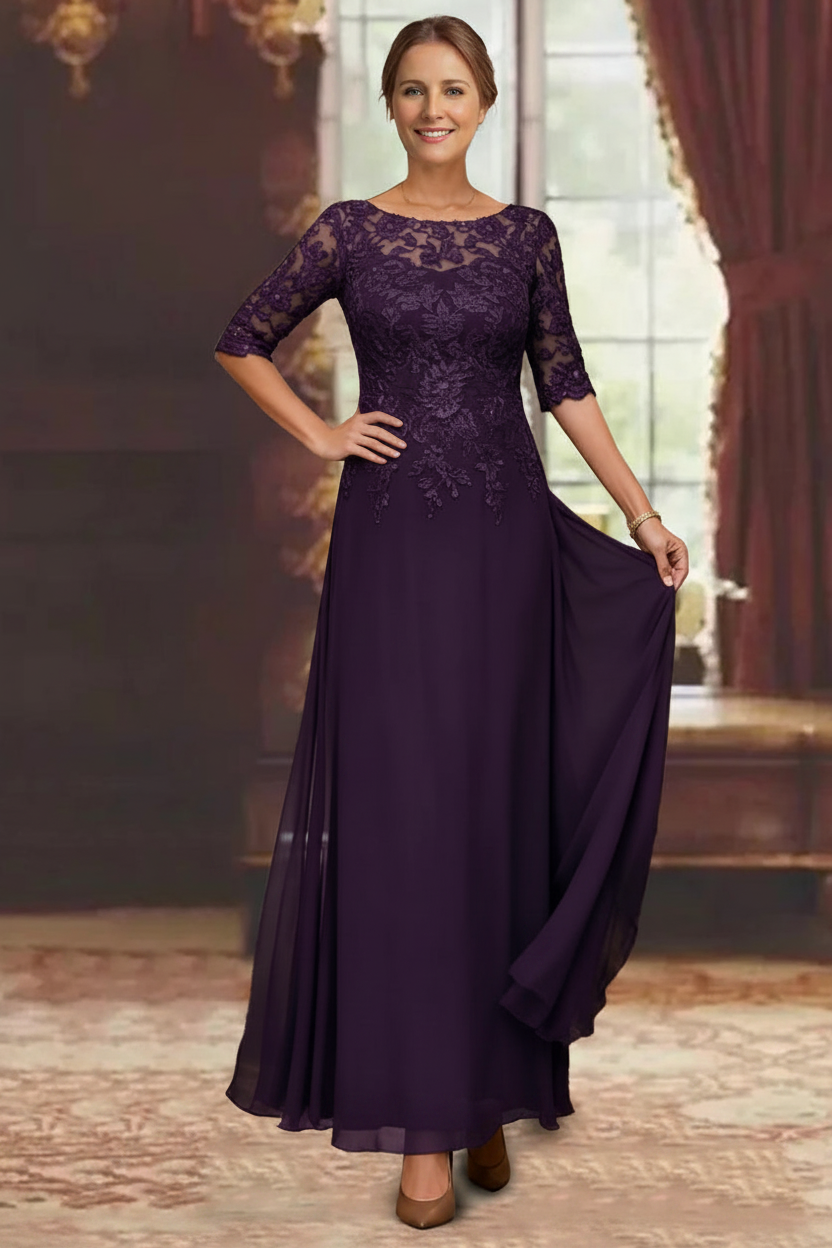 A-Line/Princess Chiffon Scoop Half Sleeves Mother of the Bride Dresses Lace Ankle-Length