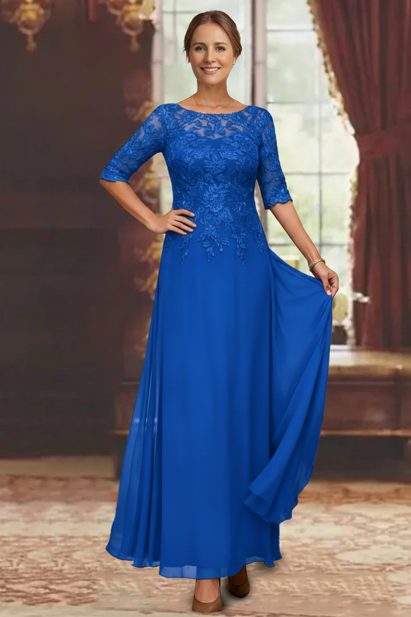 A-Line/Princess Chiffon Scoop Half Sleeves Mother of the Bride Dresses Lace Ankle-Length