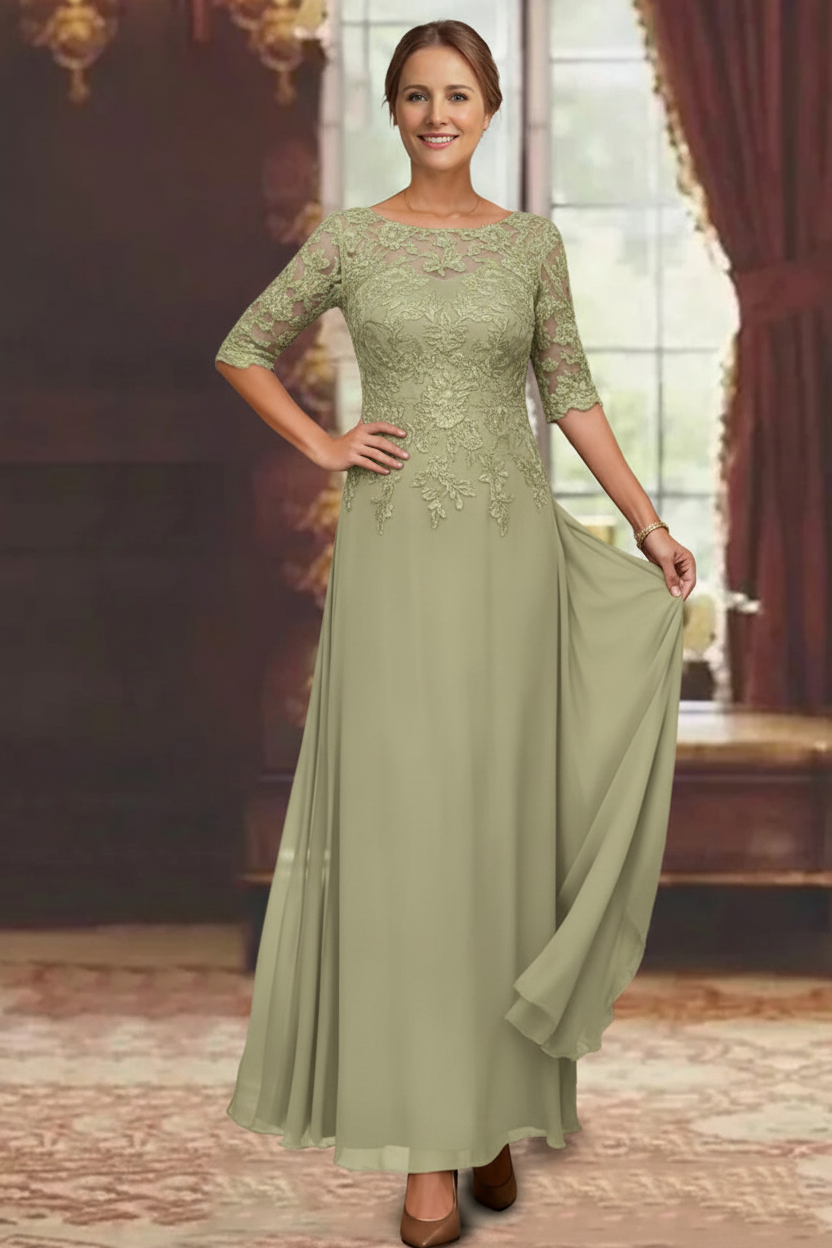 A-Line/Princess Chiffon Scoop Half Sleeves Mother of the Bride Dresses Lace Ankle-Length