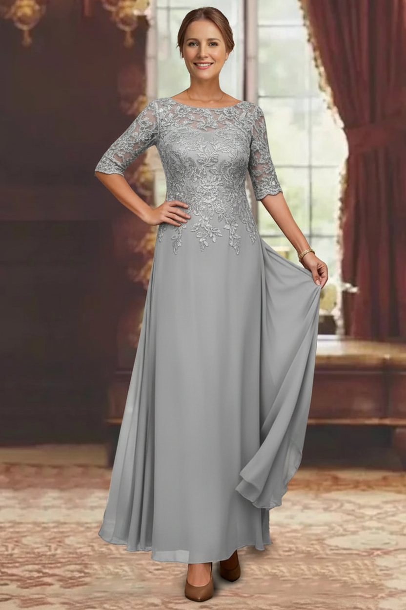 A-Line/Princess Chiffon Scoop Half Sleeves Mother of the Bride Dresses Lace Ankle-Length