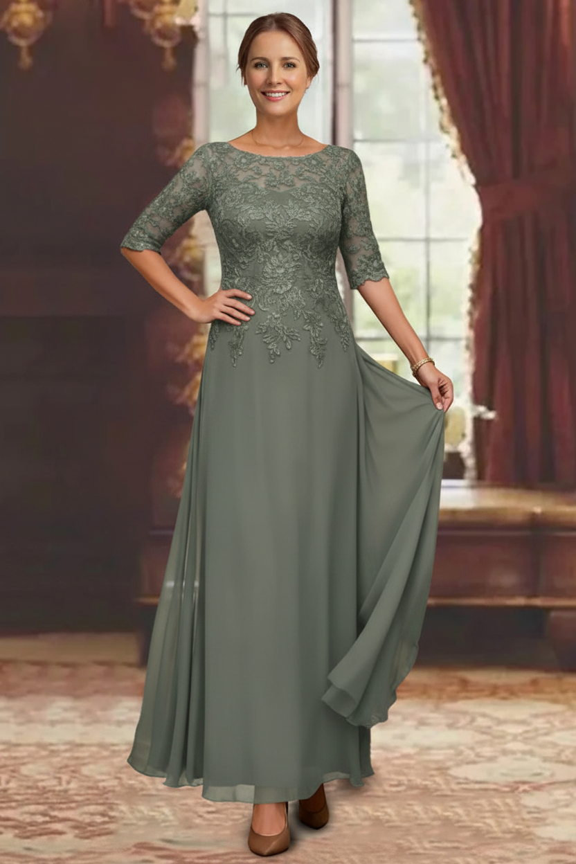 A-Line/Princess Chiffon Scoop Half Sleeves Mother of the Bride Dresses Lace Ankle-Length