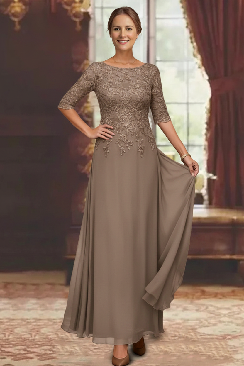 A-Line/Princess Chiffon Scoop Half Sleeves Mother of the Bride Dresses Lace Ankle-Length