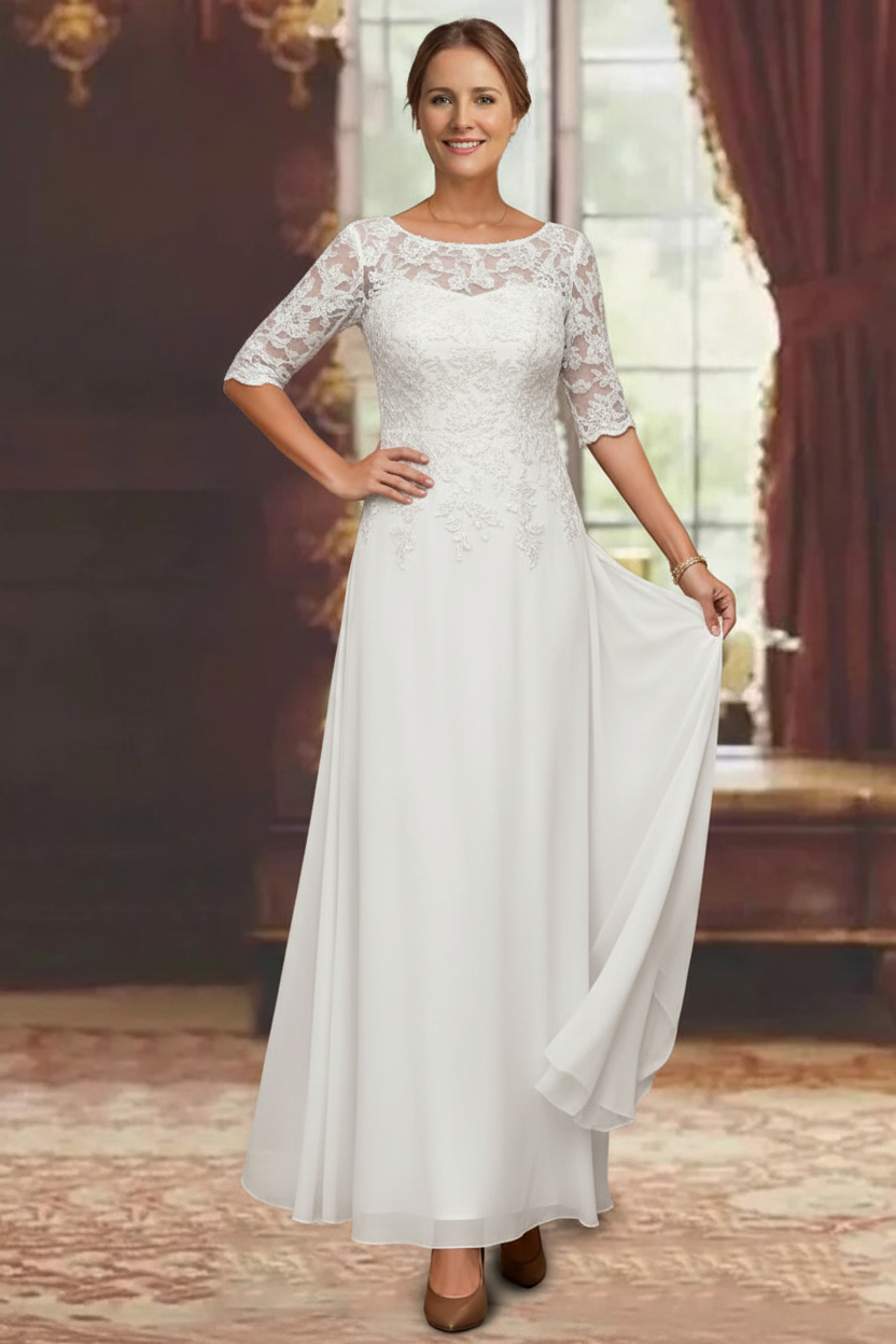 A-Line/Princess Chiffon Scoop Half Sleeves Mother of the Bride Dresses Lace Ankle-Length