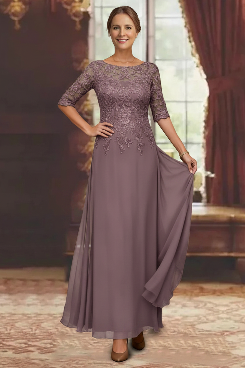 A-Line/Princess Chiffon Scoop Half Sleeves Mother of the Bride Dresses Lace Ankle-Length