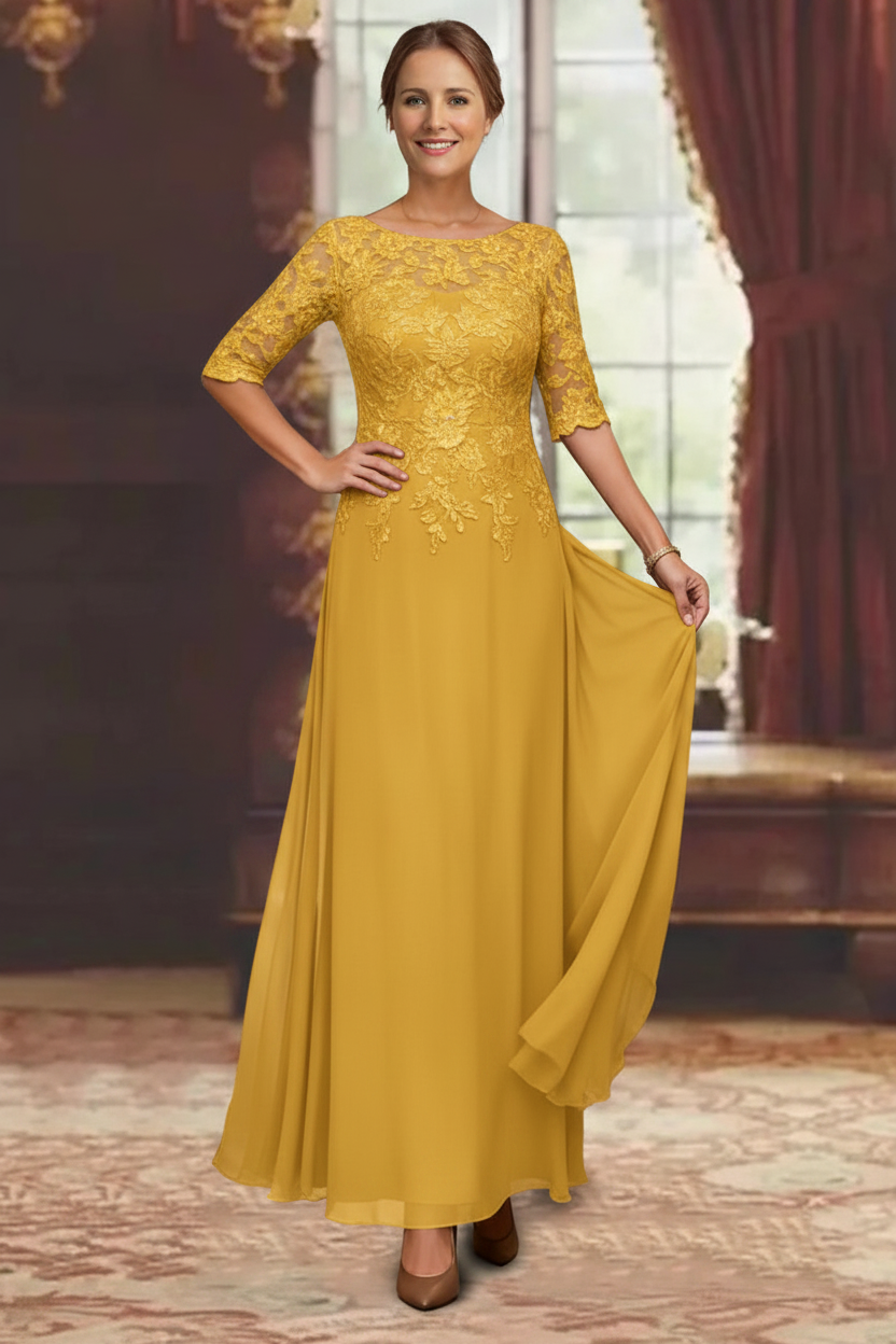 A-Line/Princess Chiffon Scoop Half Sleeves Mother of the Bride Dresses Lace Ankle-Length