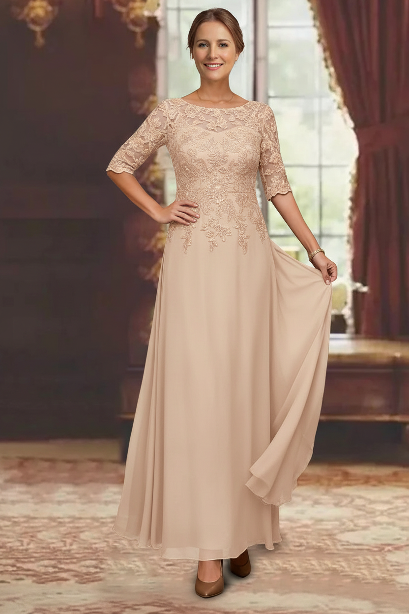 A-Line/Princess Chiffon Scoop Half Sleeves Mother of the Bride Dresses Lace Ankle-Length
