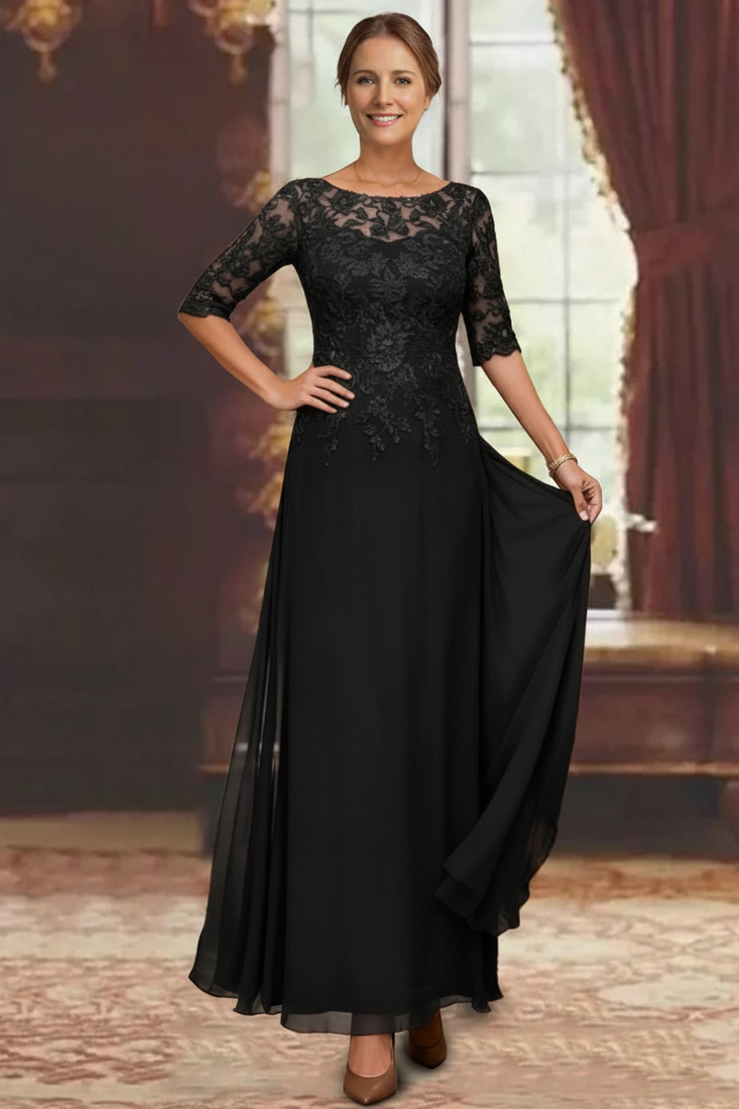 A-Line/Princess Chiffon Scoop Half Sleeves Mother of the Bride Dresses Lace Ankle-Length
