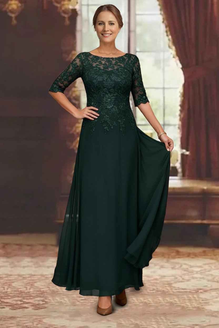 A-Line/Princess Chiffon Scoop Half Sleeves Mother of the Bride Dresses Lace Ankle-Length