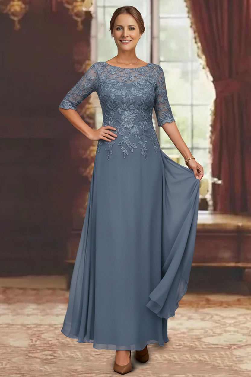 A-Line/Princess Chiffon Scoop Half Sleeves Mother of the Bride Dresses Lace Ankle-Length