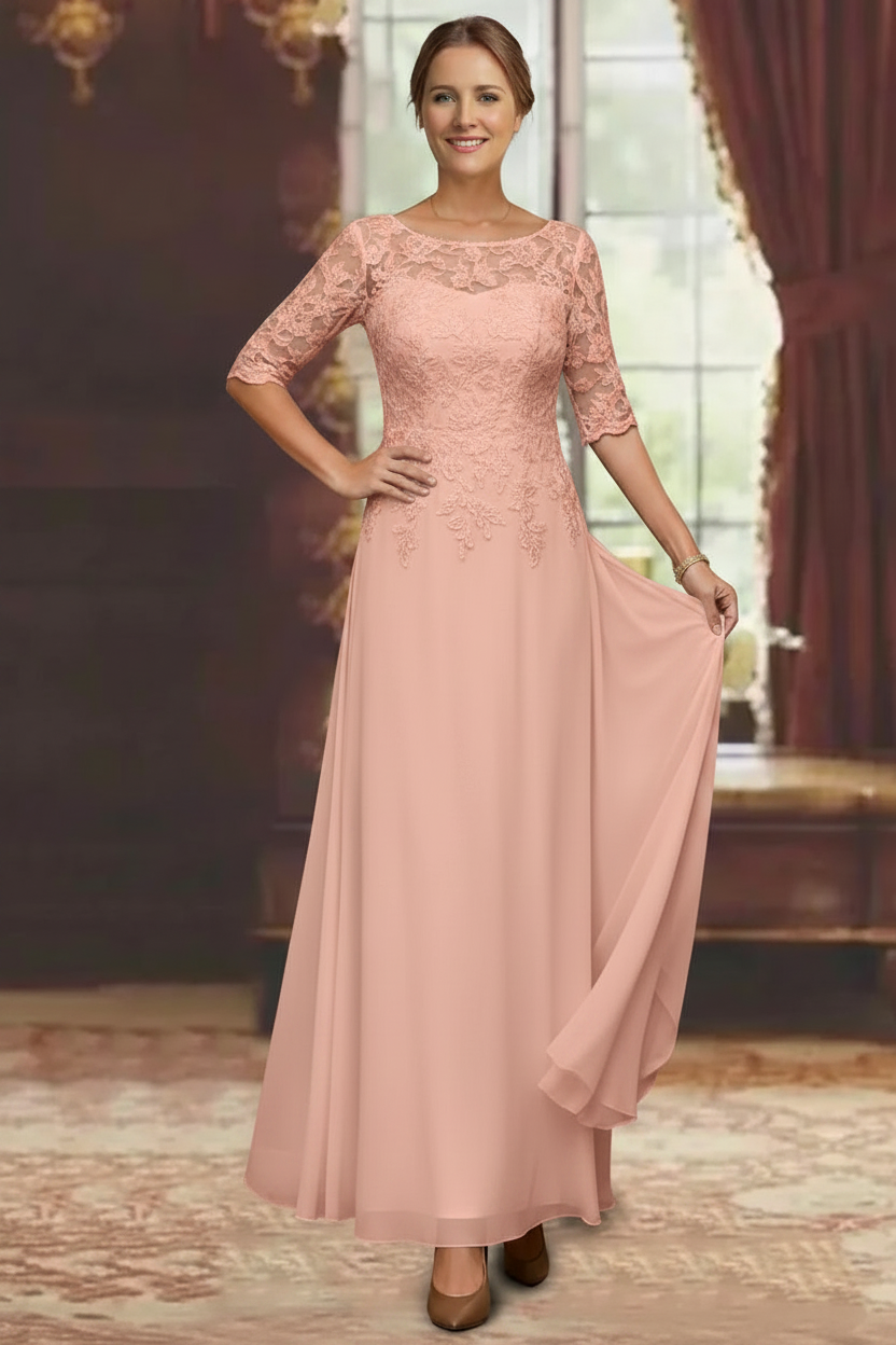 A-Line/Princess Chiffon Scoop Half Sleeves Mother of the Bride Dresses Lace Ankle-Length