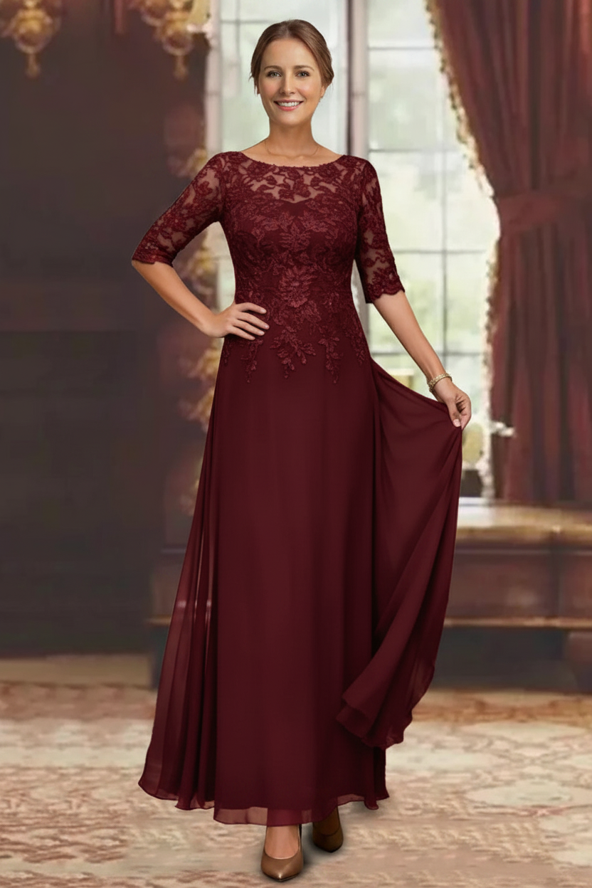 A-Line/Princess Chiffon Scoop Half Sleeves Mother of the Bride Dresses Lace Ankle-Length