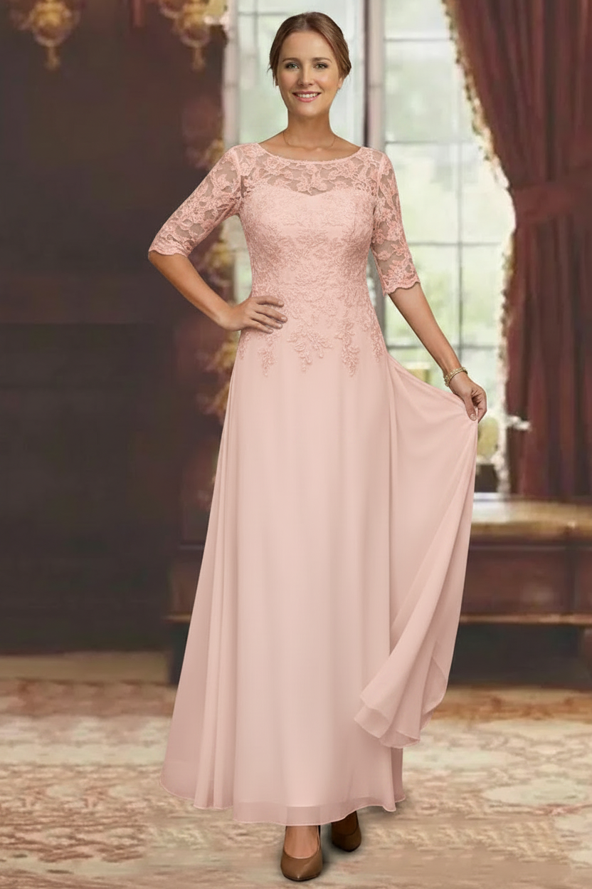A-Line/Princess Chiffon Scoop Half Sleeves Mother of the Bride Dresses Lace Ankle-Length