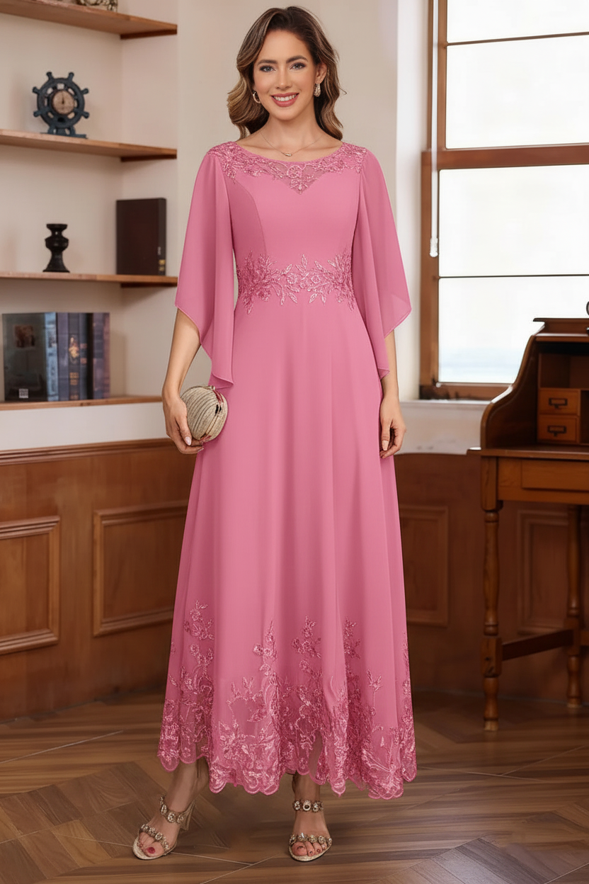 A-Line/Princess Chiffon Scoop Mother of the Bride Dresses Lace Ankle-Length Half Sleeves
