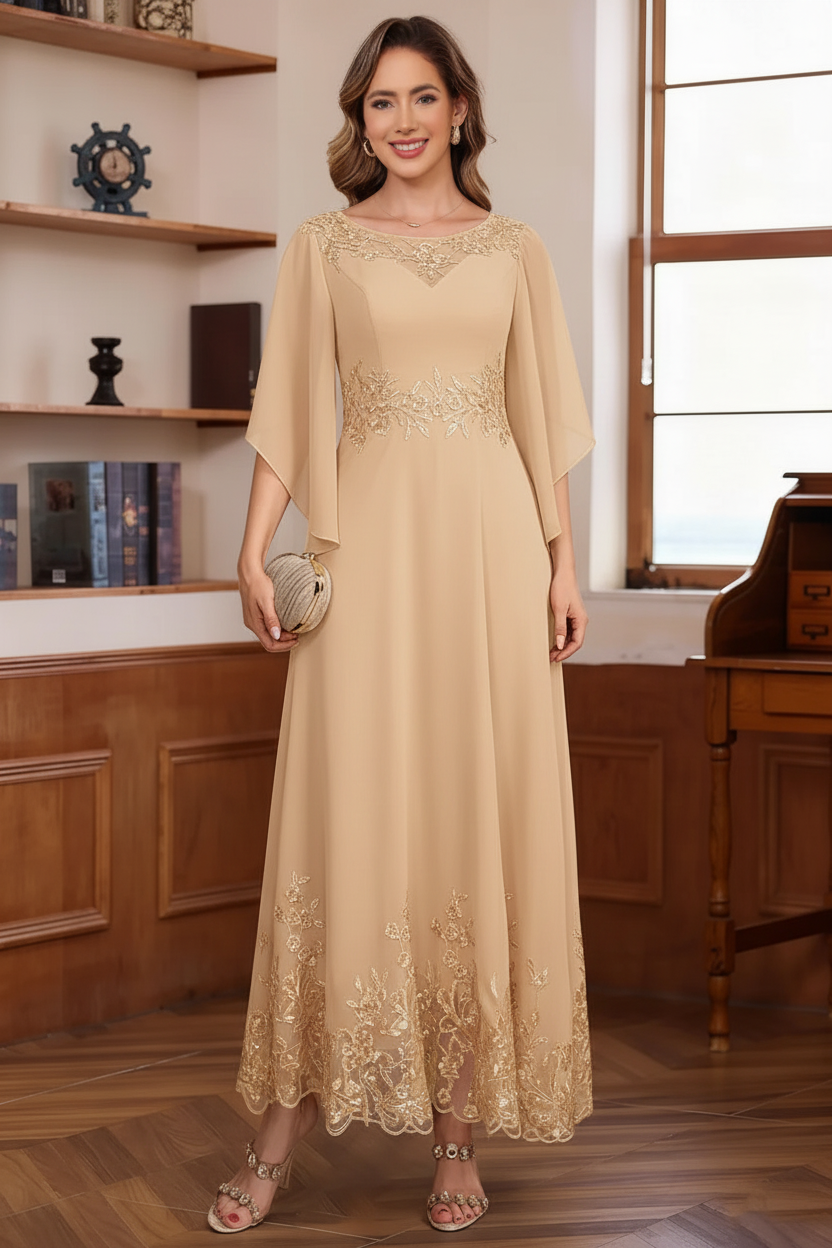 A-Line/Princess Chiffon Scoop Mother of the Bride Dresses Lace Ankle-Length Half Sleeves