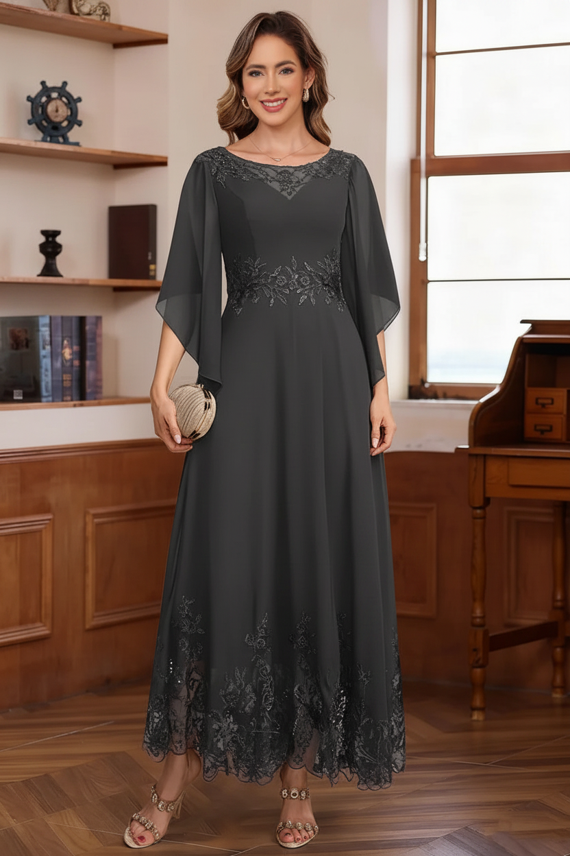 A-Line/Princess Chiffon Scoop Mother of the Bride Dresses Lace Ankle-Length Half Sleeves