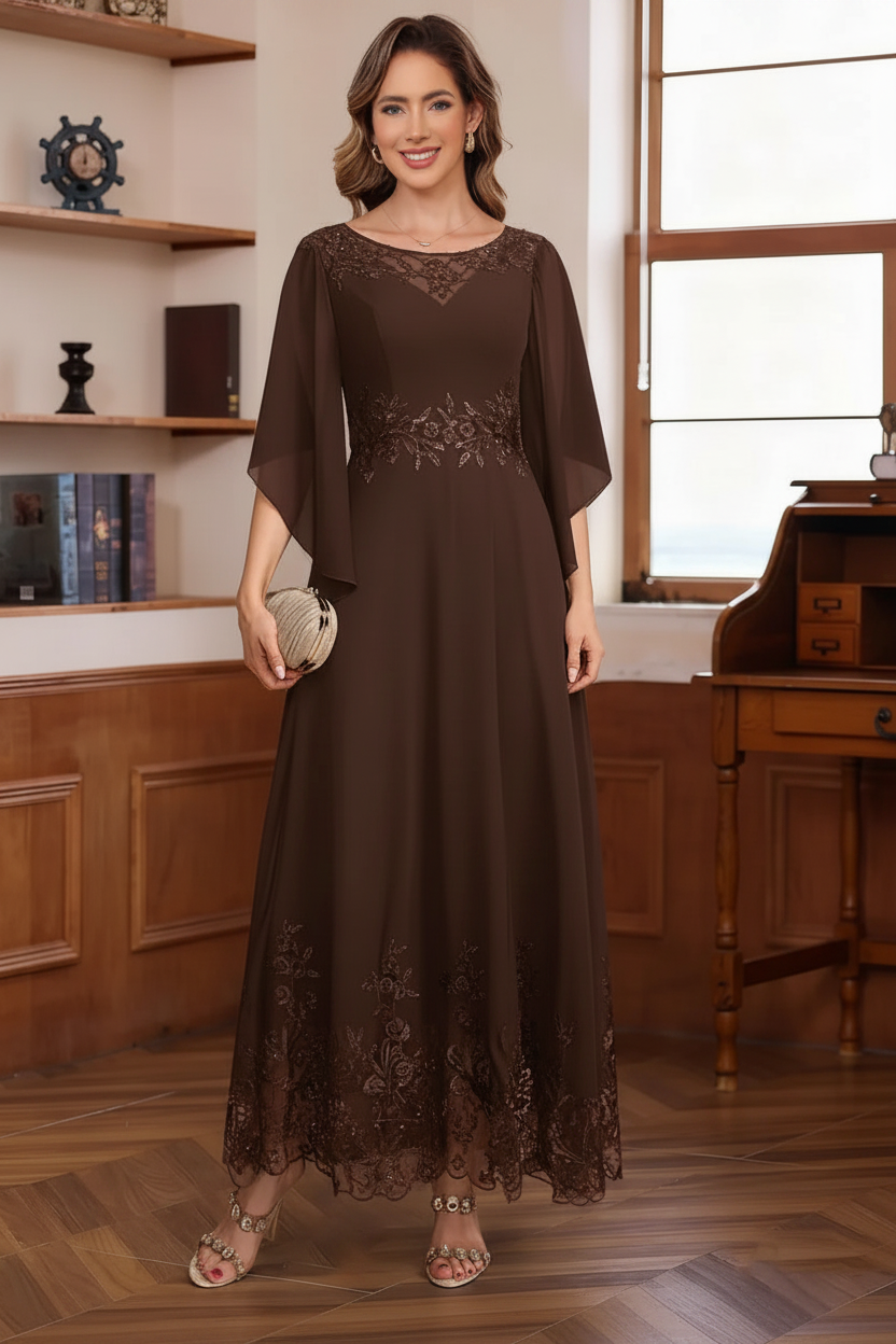 A-Line/Princess Chiffon Scoop Mother of the Bride Dresses Lace Ankle-Length Half Sleeves