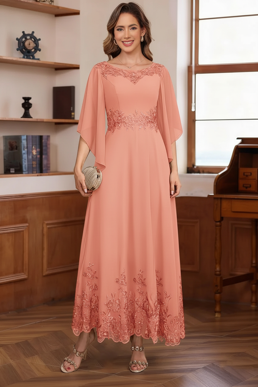 A-Line/Princess Chiffon Scoop Mother of the Bride Dresses Lace Ankle-Length Half Sleeves