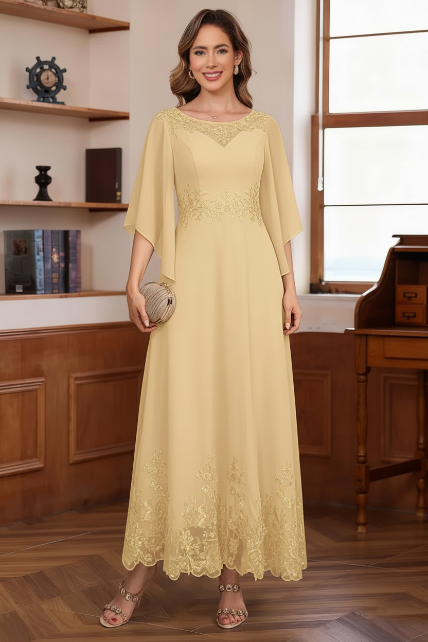 A-Line/Princess Chiffon Scoop Mother of the Bride Dresses Lace Ankle-Length Half Sleeves