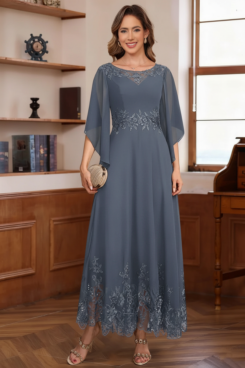 A-Line/Princess Chiffon Scoop Mother of the Bride Dresses Lace Ankle-Length Half Sleeves
