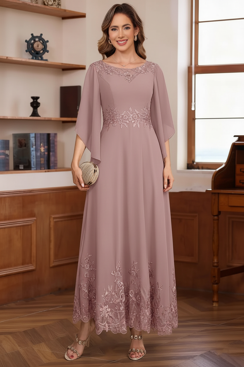 A-Line/Princess Chiffon Scoop Mother of the Bride Dresses Lace Ankle-Length Half Sleeves