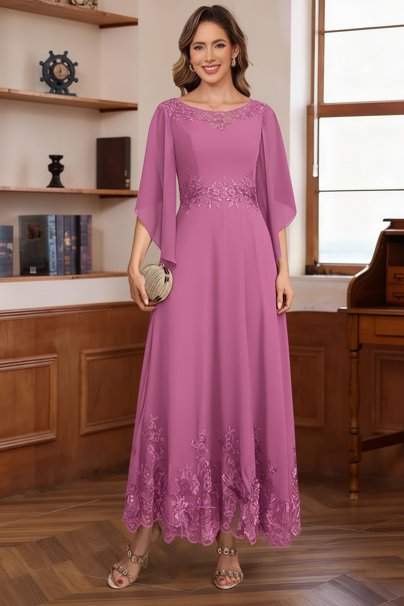 A-Line/Princess Chiffon Scoop Mother of the Bride Dresses Lace Ankle-Length Half Sleeves