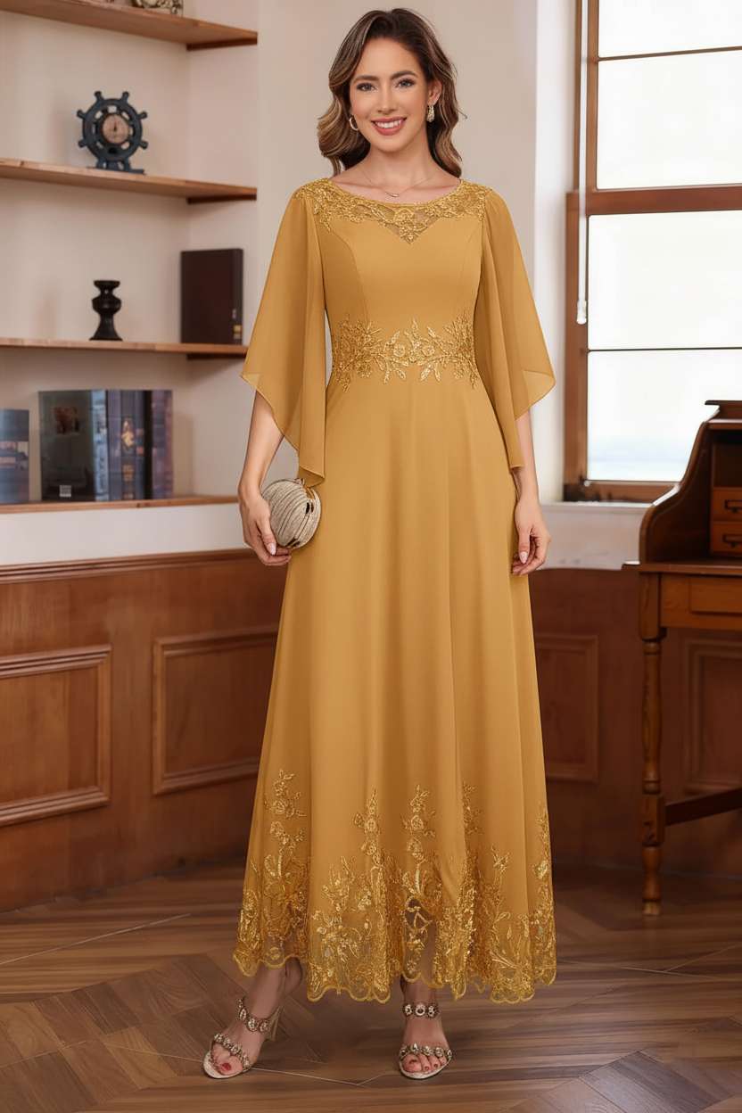 A-Line/Princess Chiffon Scoop Mother of the Bride Dresses Lace Ankle-Length Half Sleeves