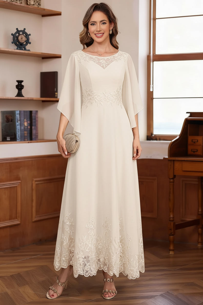 A-Line/Princess Chiffon Scoop Mother of the Bride Dresses Lace Ankle-Length Half Sleeves