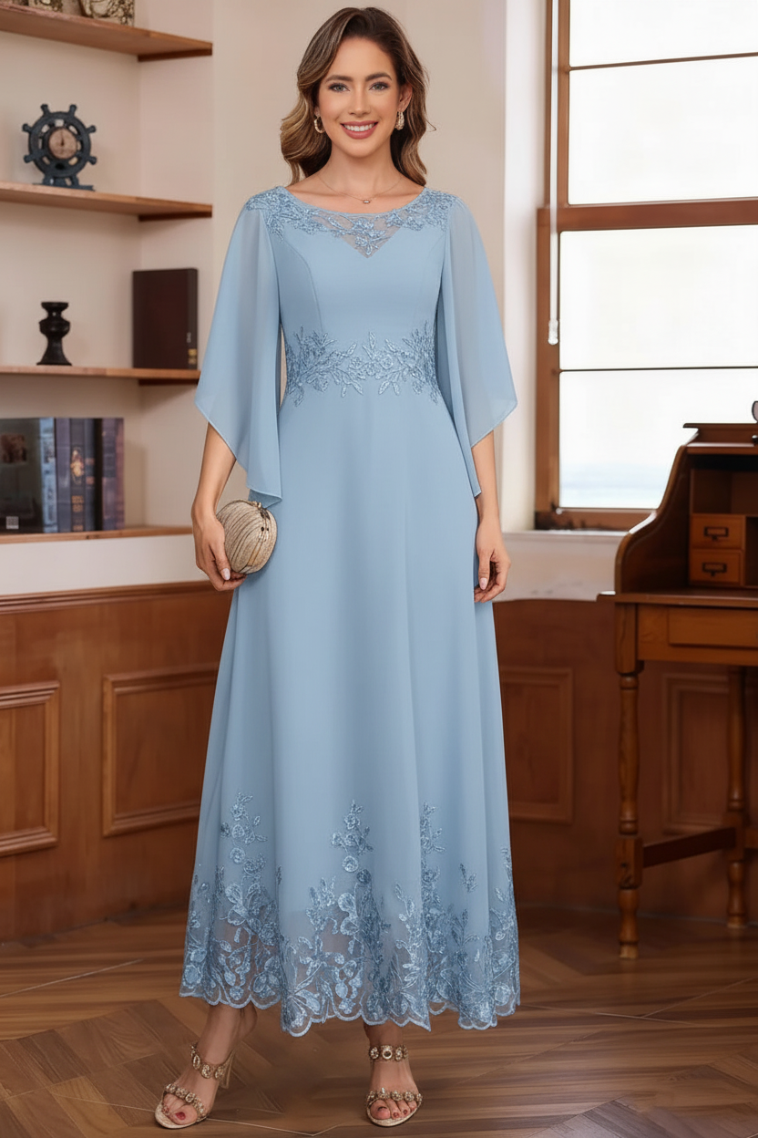 A-Line/Princess Chiffon Scoop Mother of the Bride Dresses Lace Ankle-Length Half Sleeves