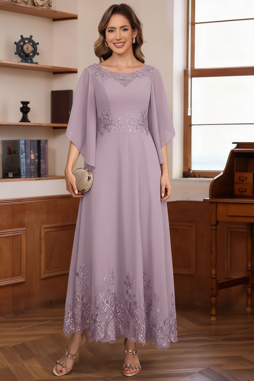 A-Line/Princess Chiffon Scoop Mother of the Bride Dresses Lace Ankle-Length Half Sleeves