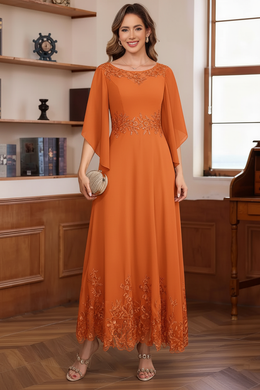 A-Line/Princess Chiffon Scoop Mother of the Bride Dresses Lace Ankle-Length Half Sleeves