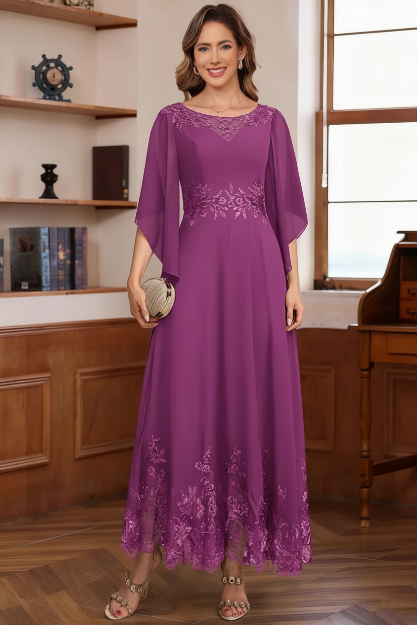 A-Line/Princess Chiffon Scoop Mother of the Bride Dresses Lace Ankle-Length Half Sleeves