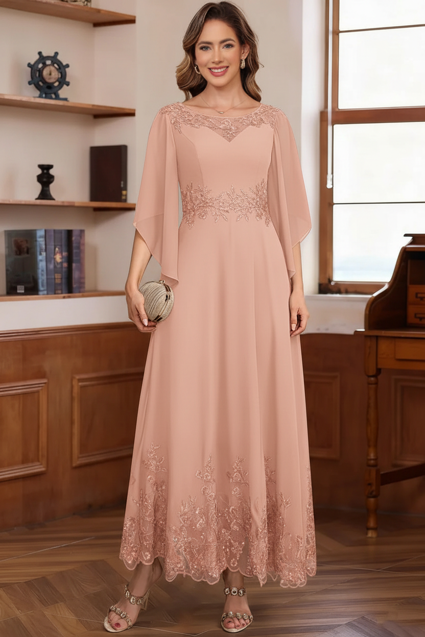 A-Line/Princess Chiffon Scoop Mother of the Bride Dresses Lace Ankle-Length Half Sleeves