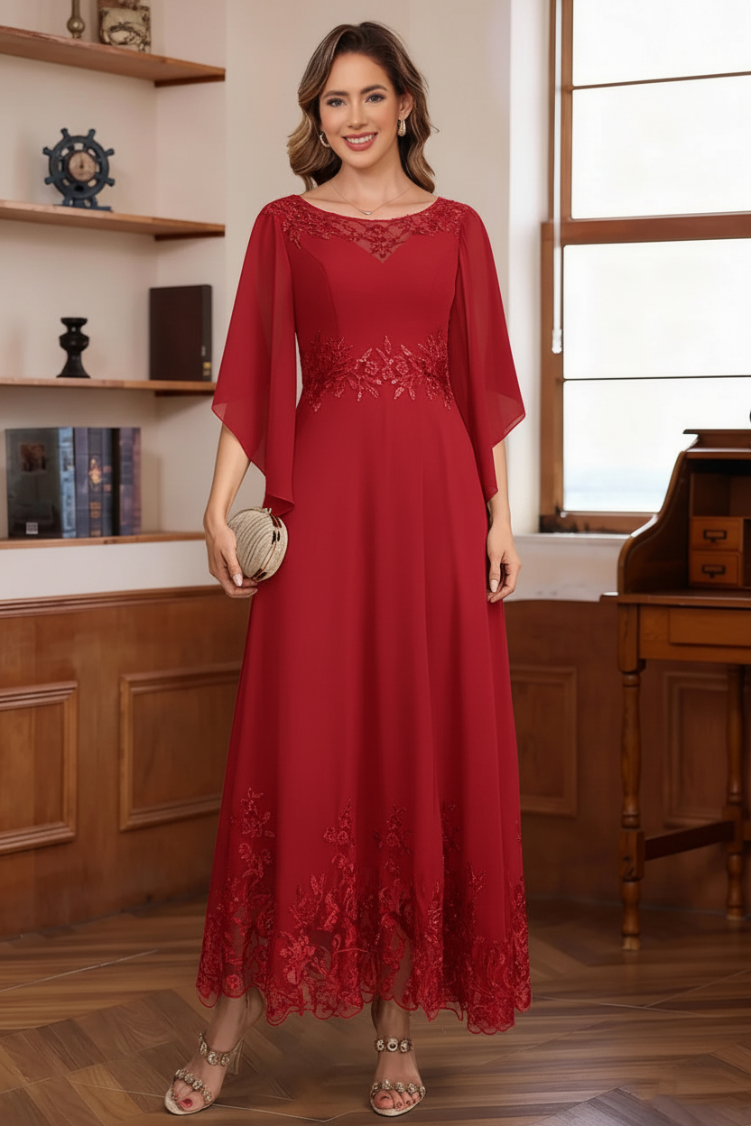 A-Line/Princess Chiffon Scoop Mother of the Bride Dresses Lace Ankle-Length Half Sleeves
