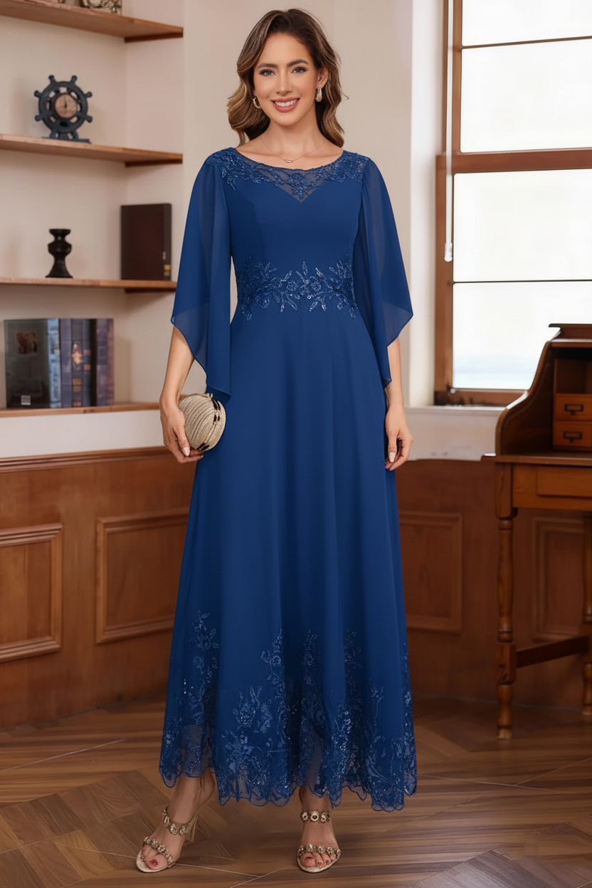 A-Line/Princess Chiffon Scoop Mother of the Bride Dresses Lace Ankle-Length Half Sleeves