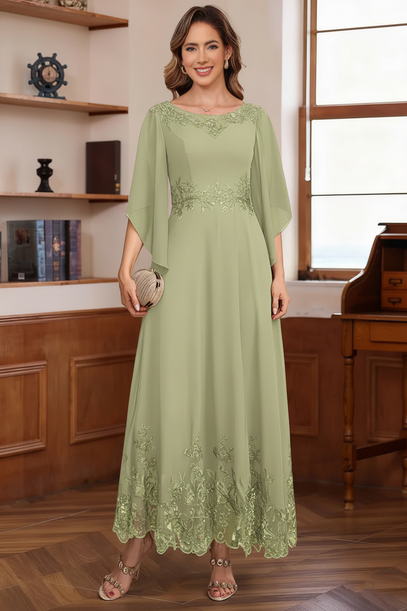 A-Line/Princess Chiffon Scoop Mother of the Bride Dresses Lace Ankle-Length Half Sleeves