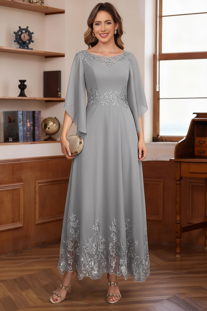 A-Line/Princess Chiffon Scoop Mother of the Bride Dresses Lace Ankle-Length Half Sleeves
